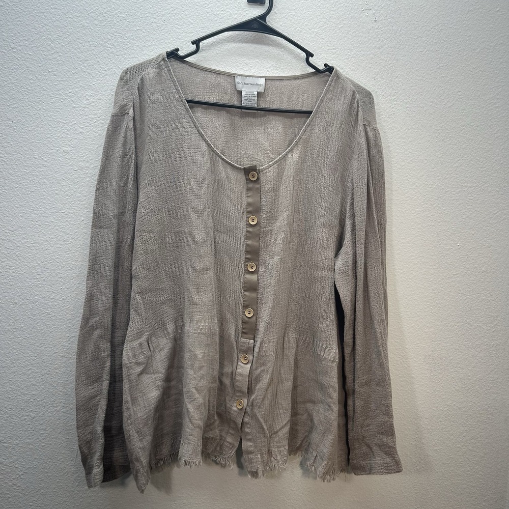 Soft Surroundings Size‎ M Gauze Top Tan Long Sleeve Frayed Minimalist Coastal